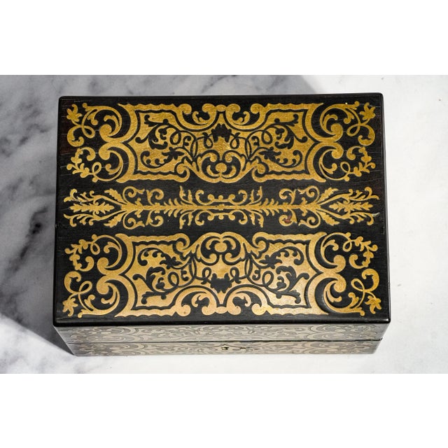 Victorian Stately Victorian Antique Ebonized Wood & Brass Boulle Inlaid Lady’s Dressing Box With Sterling Silver Crystal Bottles Home Decor For Sale - Image 3 of 18