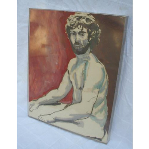 Original vintage painting (1959), looks like gouache, on paper, nude male portrait, framed in plexiglass box. Frame...