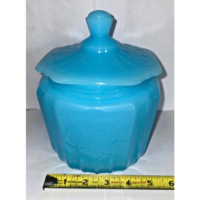 Shabby Chic Rare Baby Blue Mayfair Open Rose Depression Glass Cookie Jar For Sale - Image 3 of 12