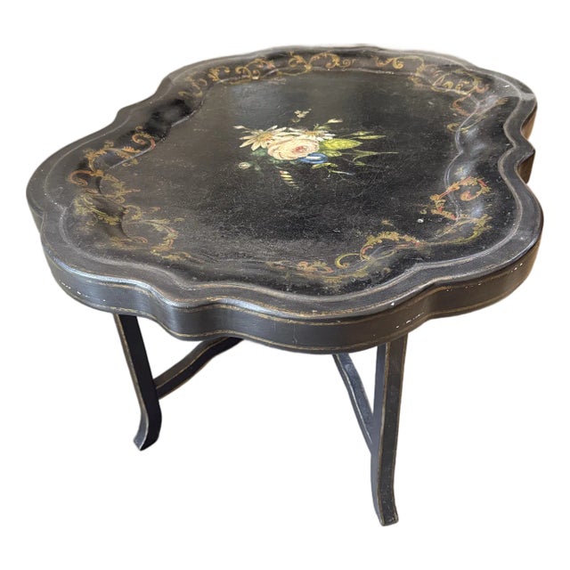 Antique Chinoiserie Tray Table – 19th C. Papier-Mâché, Faux Bamboo Base, Black Side Table For Sale