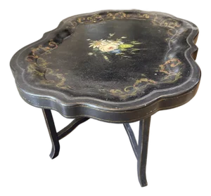 Antique Chinoiserie Tray Table – 19th C. Papier-Mâché, Faux Bamboo Base, Black Side Table