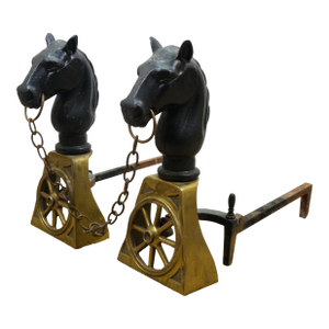 Mid 20th Century Brass & Iron Equestrian Horse Head Wagon Wheel Fire Dog Andirons- a Pair