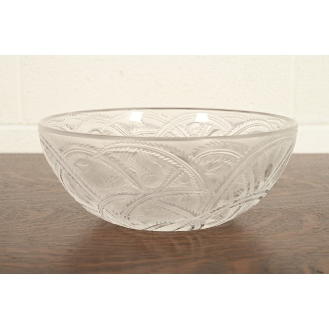 A gorgeous Art Deco or Art Nouveau bowl featuring small finches nestled among arched, serrated leaves and fern fronds in a...