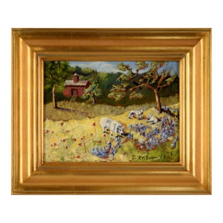 "Yellow Meadow With Sheep" Farmhouse Landscape by Richard M. Bacon For Sale
