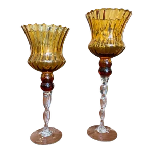 1960s Vintage Mid Century Modern Pair of Tall Empoli Amber Glass Goblets, Candle Holders Italy- Set of 2