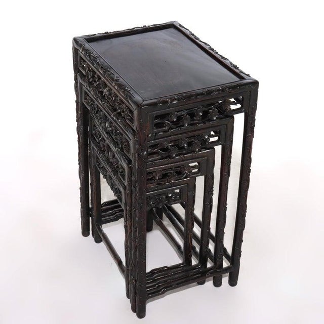 Set of 4 Antique Chinese Floral & Figural Carved Hardwood Nesting Tables For Sale - Image 11 of 13