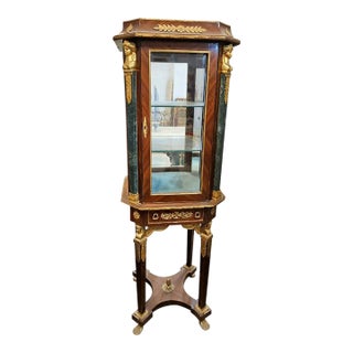 French Empire Curio Display Cabinet With Glass Shelves, Bronze Figures & Gold Leaf Accents For Sale