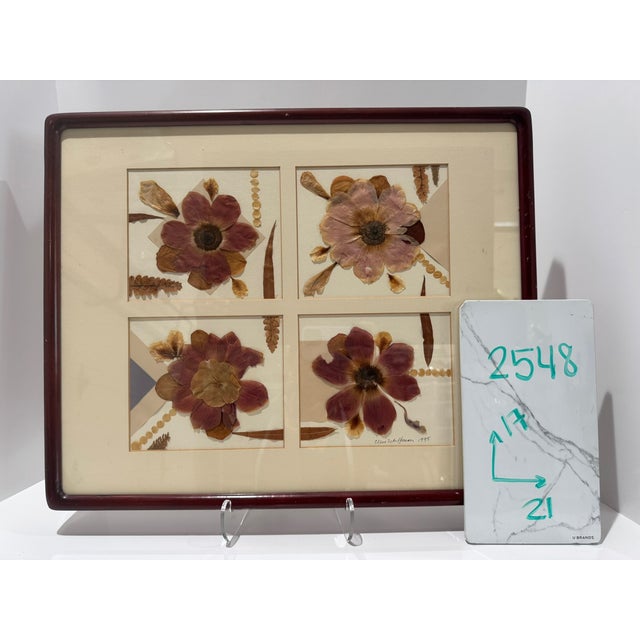 Original preserved botanical collage by Connecticut mixed-media artist Ellen Schiffman, signed and dated 1995. Four...