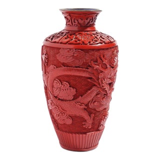 Cinnabar Vase on Brass With Enamel Interior, C. 1950 For Sale