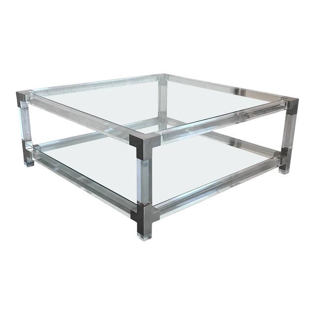Midcentury Square Lucite Coffee Table With Chromed Metal Details For Sale