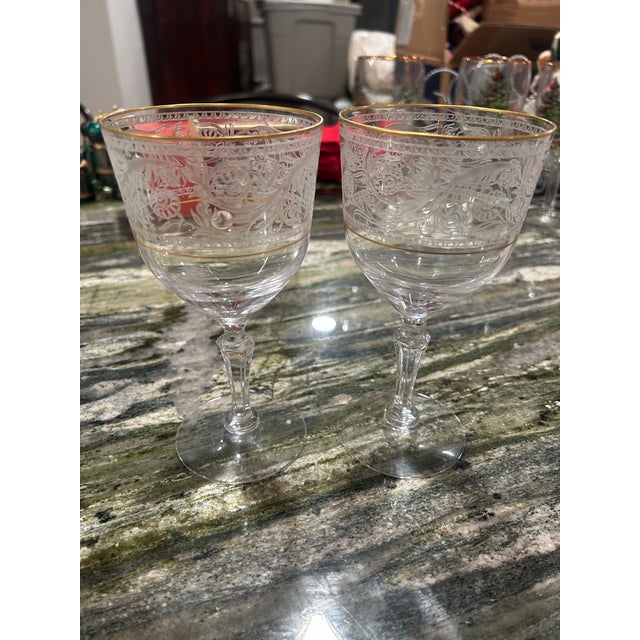 FOSTORIA CRYSTAL “RENAISSANCE GOLD TRIM” Pattern, Two (2) Water Goblets. Made In USA. Discontinued 1968-1982. Marked...