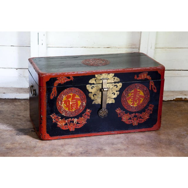 Wood Antique Chinese Red Black Lacquered Trunk For Sale - Image 7 of 8