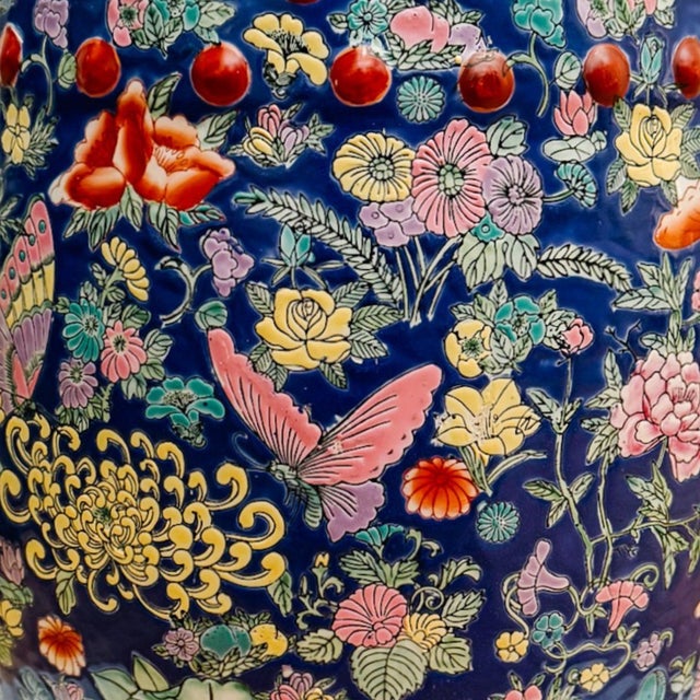 Blue Mid 20th Century Chinese Famille Rose Cobalt Blue Millefleurs & Butterfly Porcelain Garden Stool For Sale - Image 8 of 10