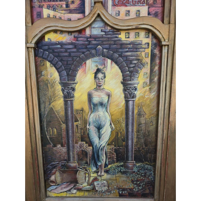Intriguing Surrealist Oil Painting on Canvas. depicting a scantily clothed woman under a stone arch with an overturned...