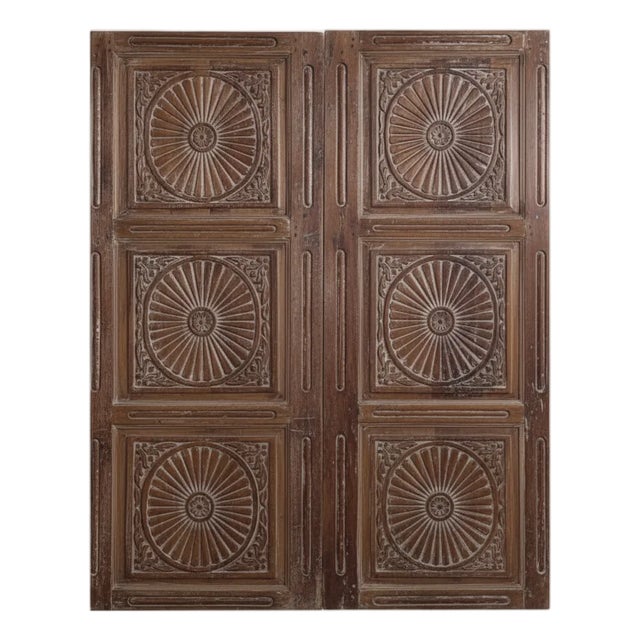 Antique Floral Carved Chakra Barn Door – Rustic Sliding Statement Door 80x36 For Sale