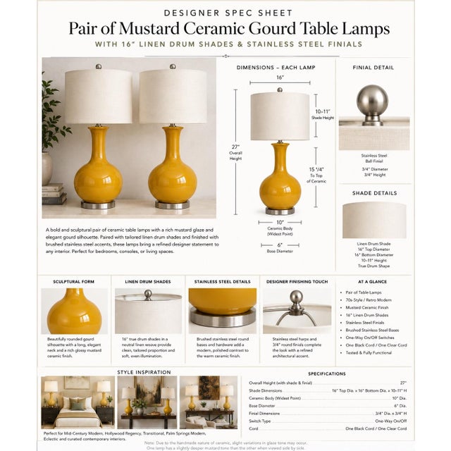 Pair of 70s-Style Mustard Ceramic Gourd Table Lamps with Linen Shades Description A striking pair of sculptural ceramic...