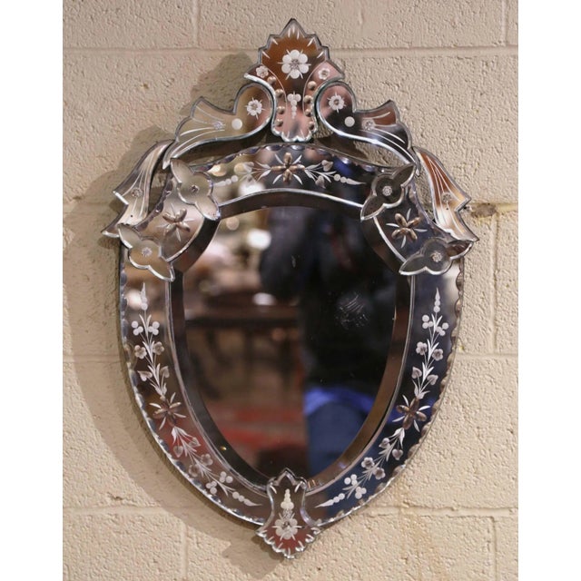 Midcentury Italian Venetian Beveled Shield Mirror With Painted Floral Etching For Sale - Image 11 of 11