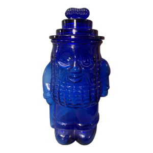 Vintage Mr. Peanut Figural Cobalt Blue Glass Cookie Jar W Peanut Lid
