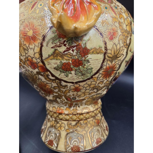Grand 14" Jeweled Japanese Satsuma-Style Moriage Lidded Urn - Immortal Koi Handles For Sale - Image 4 of 18