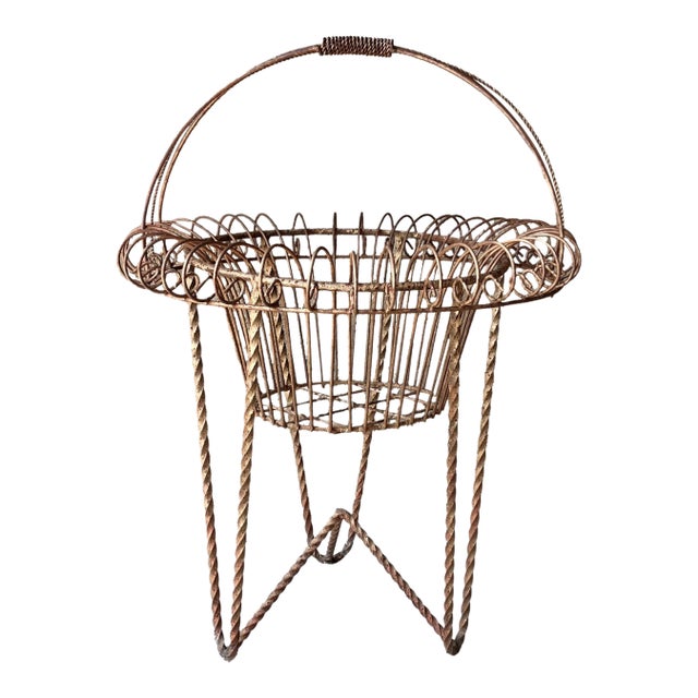 Circa 1980 Nicely-Sized Victorian-Style Steel Wirework Planter Basket & Forged Steel Stand – 2 Pieces For Sale