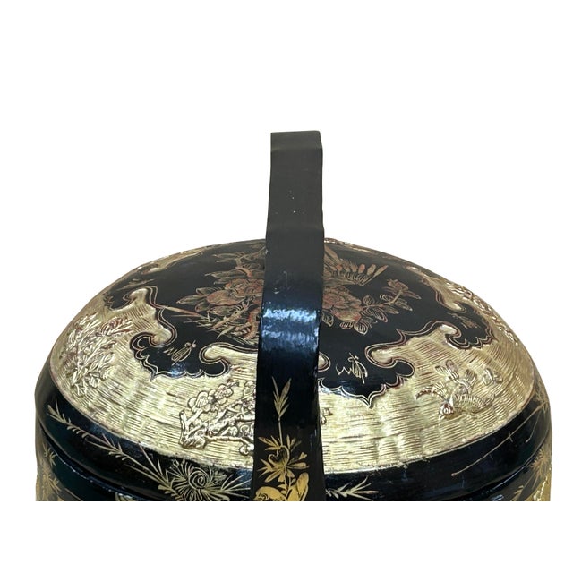 Vintage Oriental Black Golden Graphic Stack Wedding Basket Display For Sale - Image 9 of 17