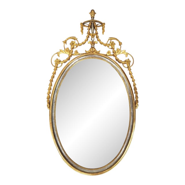 Share Vintage Italian 20th C Carved Wood Parcel Gilt & Silver Oval Wall Mirror For Sale