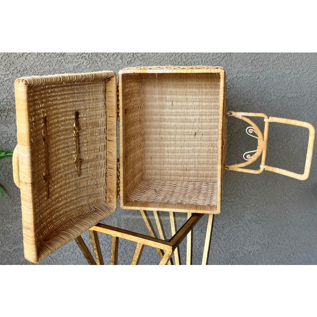 Tan Circa 1970 Coastal Chic Nicely-Sized Decorative Rattan Sewing Basket With Folding Latch Handles For Sale - Image 8 of 15