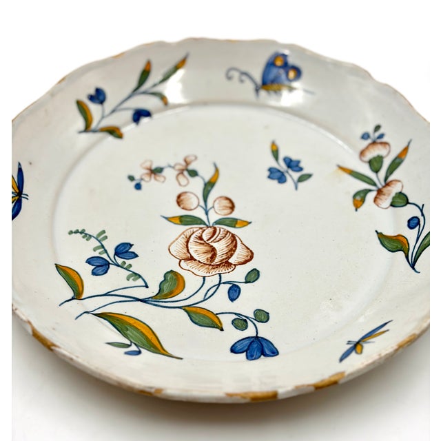 French Provincial Antique 18th Century French Faience Floral & Butterfly Plate For Sale - Image 3 of 6