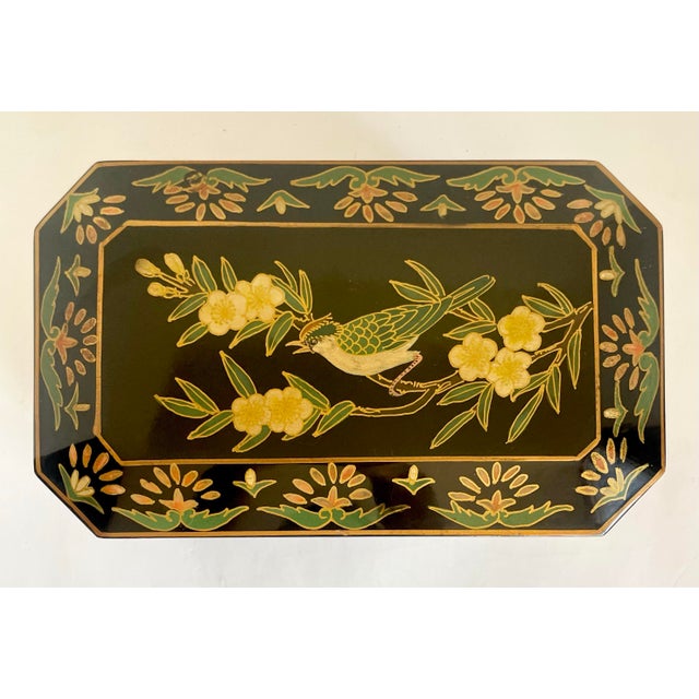 Vintage Chinoiserie Faceted Black Lacquer Bird and Blossom Jewel Box For Sale - Image 4 of 12