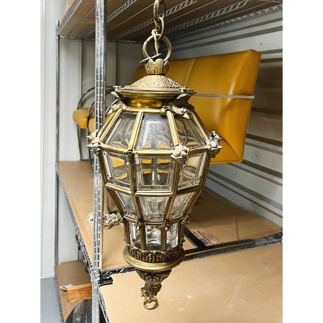 French Early 20th Century Brass & Beveled Glass Lantern Pendant Light For Sale - Image 3 of 10
