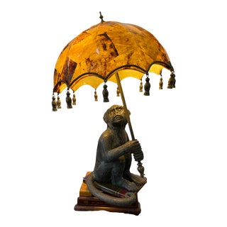 Maitland-Smith Verdigris Patina Monkey on Books Table Lamp With Penshell Shade For Sale