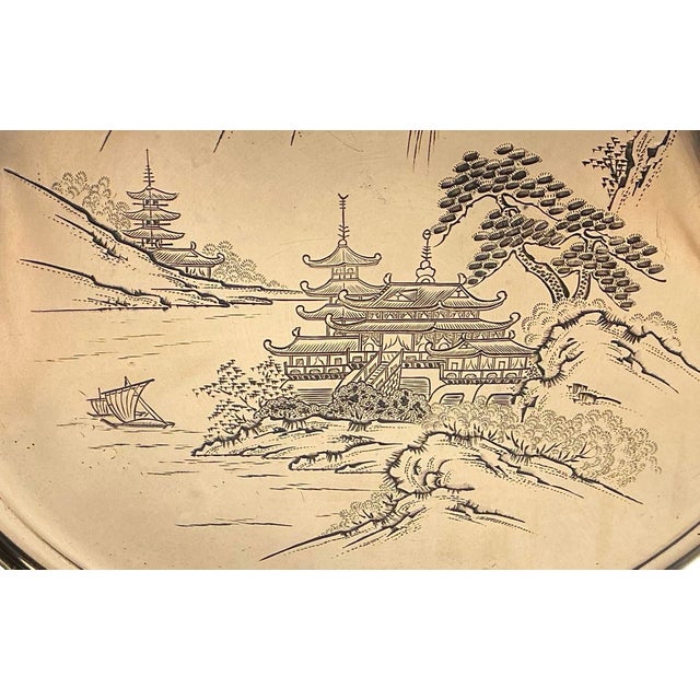 Bronze Vintage Asian Bronze Hand Etched Large 18" Tray, Pagoda Landscape, Signed For Sale - Image 8 of 12