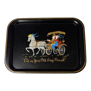 Hand Painted Horse Drawn Carriage Black Metal Tray by Clement For Sale