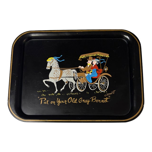 Hand Painted Horse Drawn Carriage Black Metal Tray by Clement For Sale