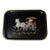 Hand Painted Horse Drawn Carriage Black Metal Tray by Clement For Sale