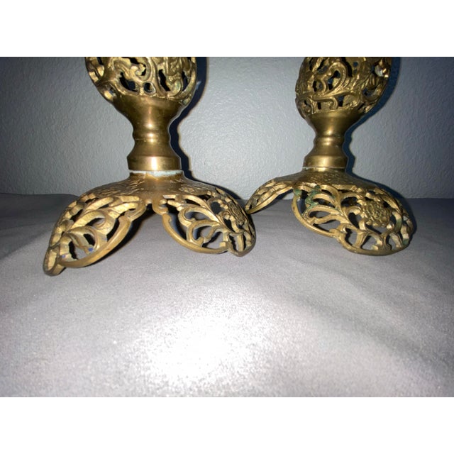 Vintage Filigree Brass Hollywood Regency Style Candlesticks- Set of 2 For Sale In Orlando - Image 6 of 11