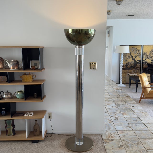 Chrome 1970s Monumental Chrome, Brass and Lucite Torchiere Floor Lamp by Karl Springer For Sale - Image 8 of 10