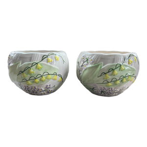 Vintage Hand-Painted Ceramic Lily of the Valley Cachepots Made in Portugal-Set of 2