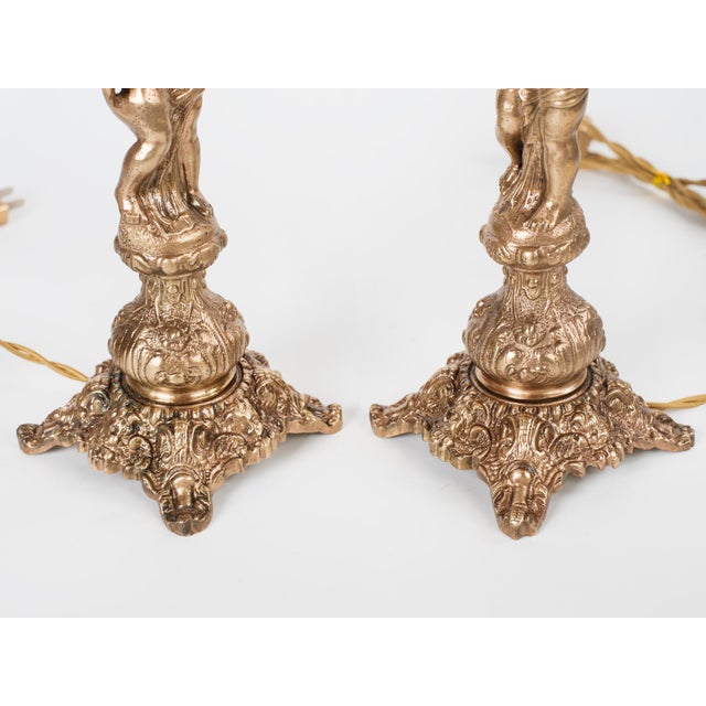 1950s Spanish Neo-Classical Cast Brass Cherubs / Putti Table Lamps With Opal Glass Shades - A Pair For Sale - Image 6 of 12