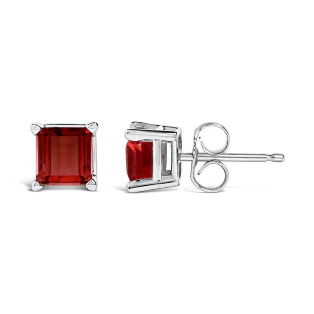 Contemporary 14K White Gold 5x5MM Princess Cut Red Garnet Solitaire Stud Earrings For Sale - Image 3 of 5