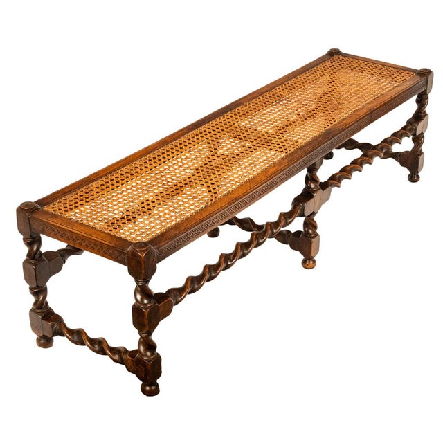 Antique English Jacobean Carved Walnut Barley Twist Caned Long Bench Seat 1880 For Sale - Image 4 of 17