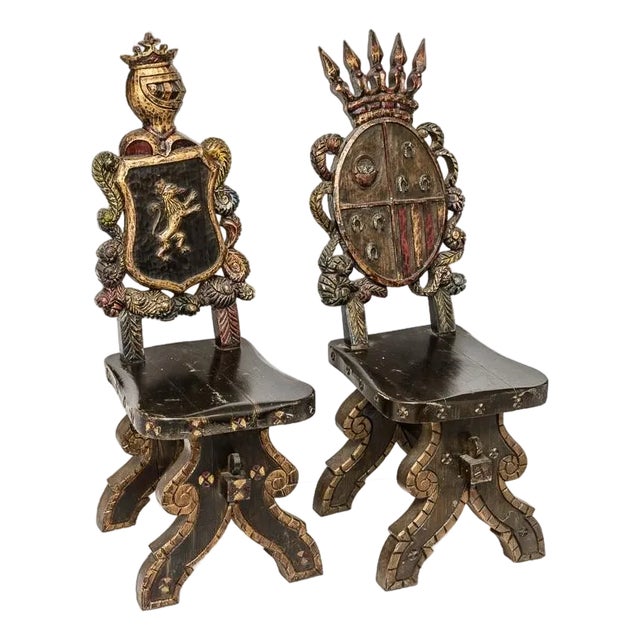 Armorial Crown & Crest, Hall Chairs 19th C. Pair For Sale
