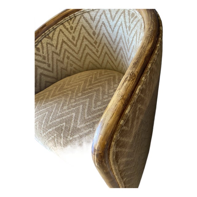 Vintage postmodern chairs reimagined with a subtle contrast application of a soft chenille-like tribal-print Italian...