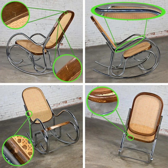 1970’s Bauhaus Style Chrome Tube Bentwood & Cane Rocking Chair or Rocker For Sale - Image 11 of 12