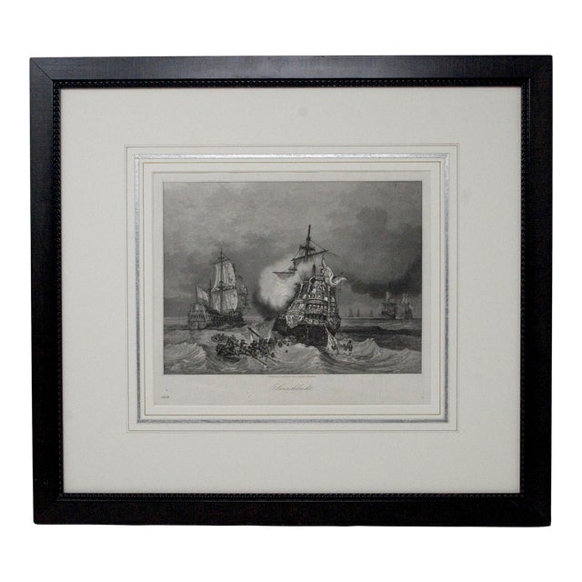 Mid 19th Century English Black & White Etching of Tall Sailing Ships, Framed For Sale