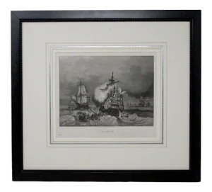 Mid 19th Century English Black & White Etching of Tall Sailing Ships, Framed