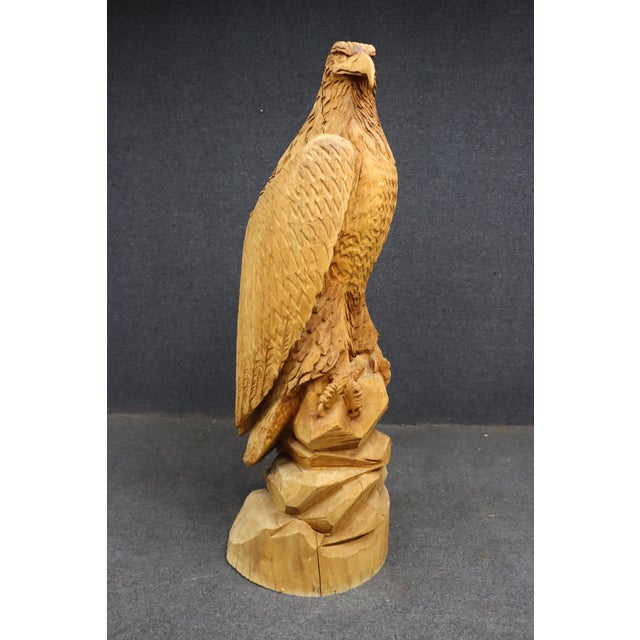 Brown Large Hand-Carved Pine Bald Eagle Sculpture on Saw-Cut Base For Sale - Image 8 of 13