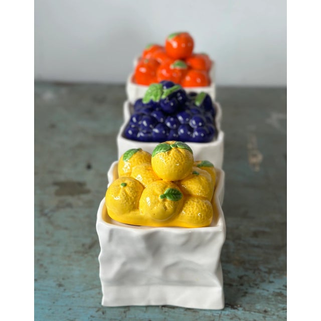 Late 20th Century Vintage Ceramic Fruit "White Paper Bag" Containers, Set of Three - Lemons, Grapes & Oranges For Sale - Image 5 of 13