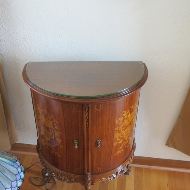 1920s Demi-Lune Commode, Marquetry, Two Doors, Two Shelves, Glass Top For Sale - Image 4 of 12