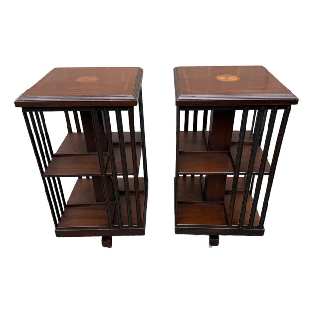 Pair of Edwardian Style Revolving Mahogany Inlaid Bookcase Side Tables For Sale